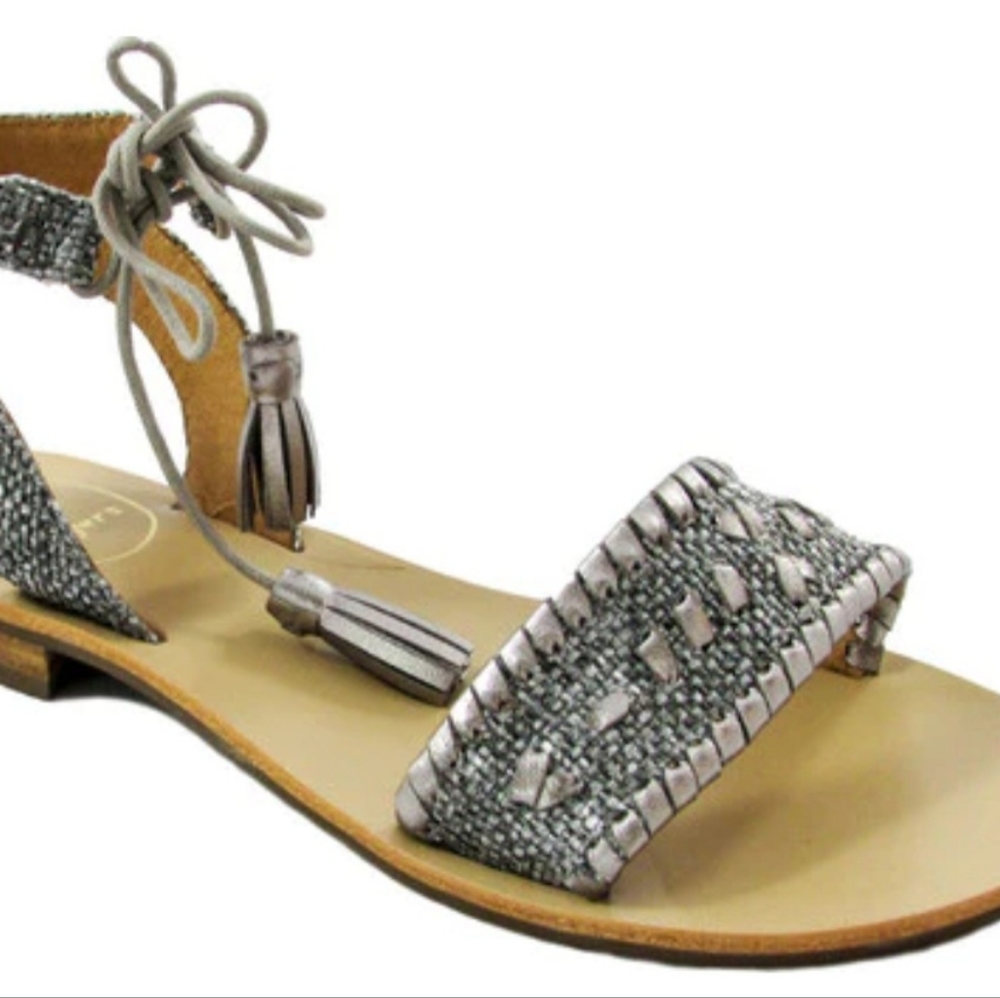 JACK ROGERS Tate Raffia Pewter Leather Flat Sandals sz 9